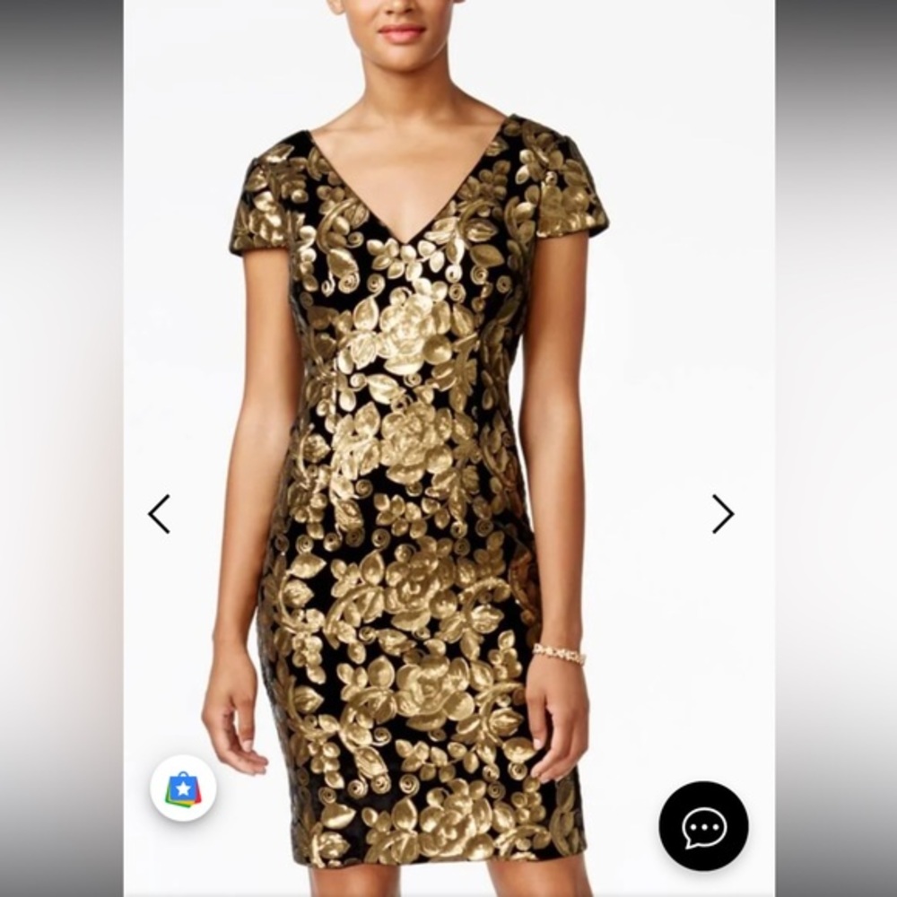 Adrianna Papell Black Velvet Sheath Cocktail Midi Dress Gold Floral Sequin sz 2